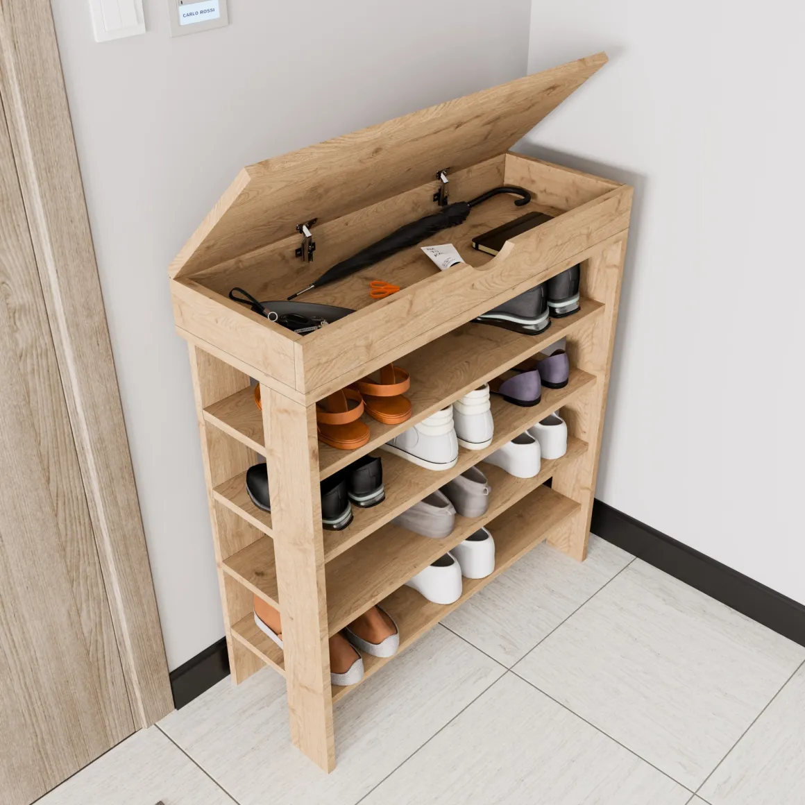 Scarpiera Marrone Rovere 5 Ripiani 12 Paia 80x30x90h cm, Un'anta - Monastero