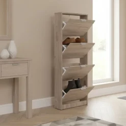 Scarpiera Marrone Rovere Scuro un Ripiano 4 Ante 58x18x155.5h cm, kit Fissaggio a Muro Incluso - Pesche