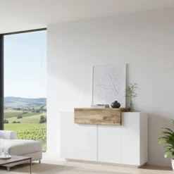 Bagno|Scarpiere > Dmora Scarpiera moderna bianca lucida e acero 120x86h cm - Aristotle Marrone Acero, Bianco Lucido