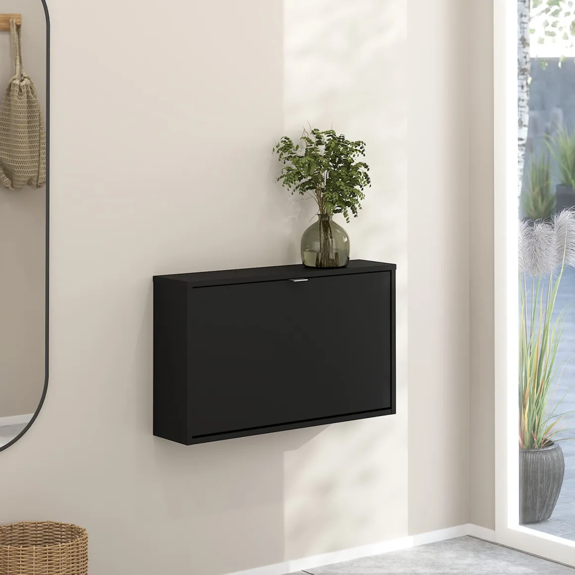 Scarpiera Nero un Ripiano Un'anta 70.3x16.55x41.8h cm, 2 Vani - Loveno