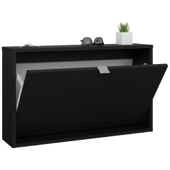 Scarpiera Nero un Ripiano Un'anta 70.3x16.55x41.8h cm, 2 Vani - Loveno