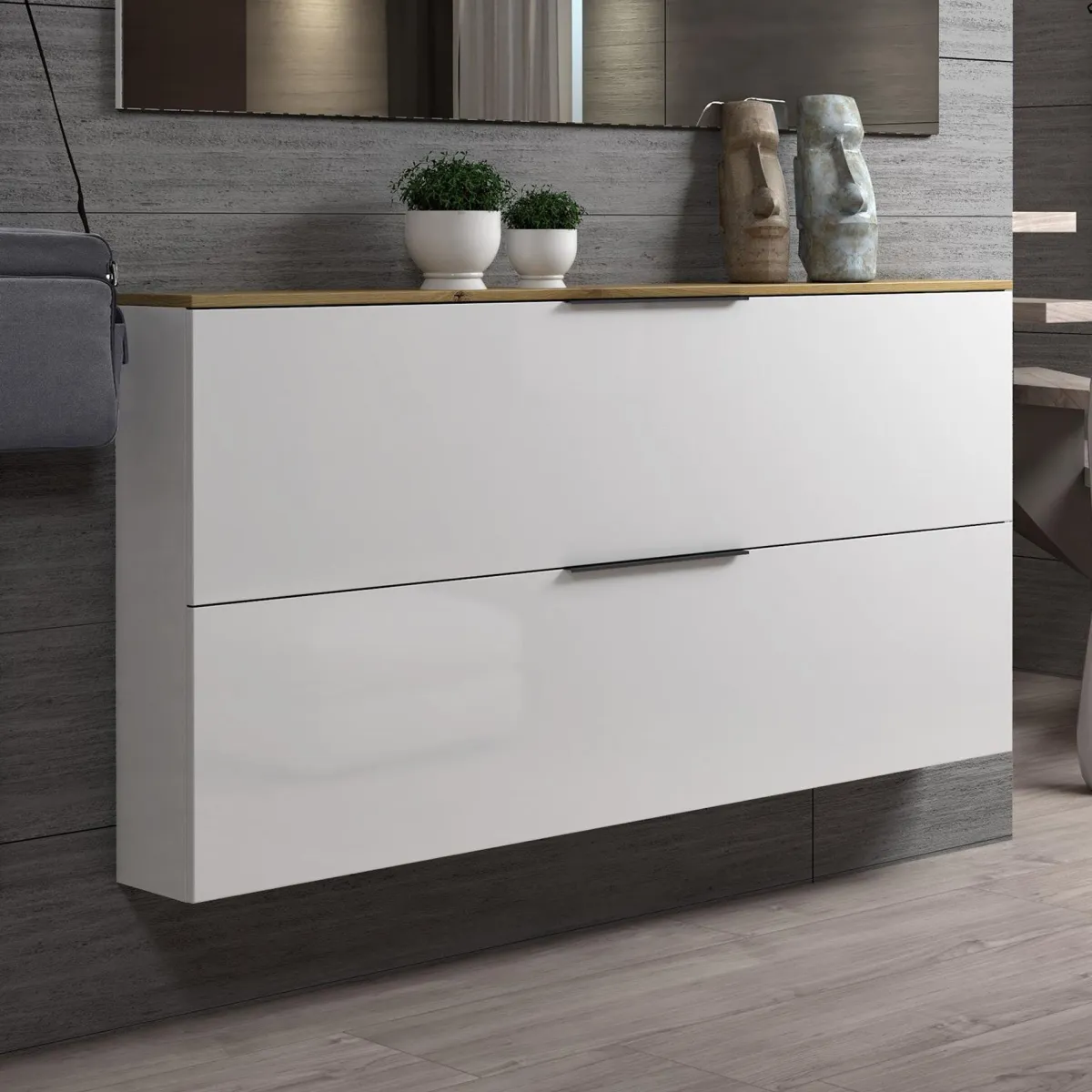Scarpiere > Dmora Scarpiera sospesa 2 ante bianca lucida e rovere 160x80h cm - Achiko Marrone Rovere, Bianco Lucido