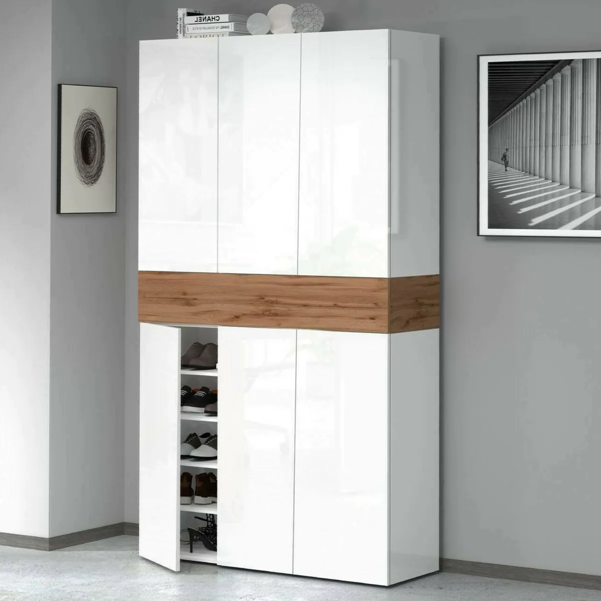 Bagno|Scarpiere > Dmora Scarpiera XL 7 ante rovere 114x200h cm - Charoite Bianco Rovere, Marrone Lucido