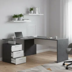 Ufficio|Camera Da Letto > Dmora Scrivania angolare ardesia e bianca lucida 180x60cm con 3 cassetti - Ascuby Bianco Lucido, Grigio Ardesia