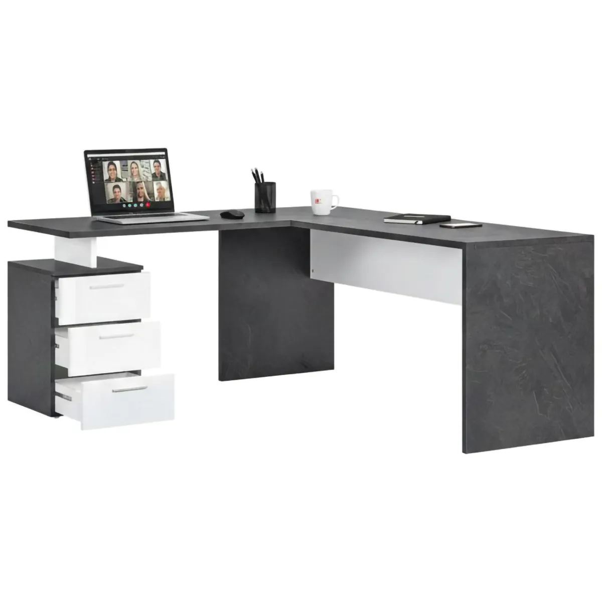 Ufficio|Camera Da Letto > Dmora Scrivania angolare ardesia e bianca lucida 180x60cm con 3 cassetti - Ascuby Bianco Lucido, Grigio Ardesia
