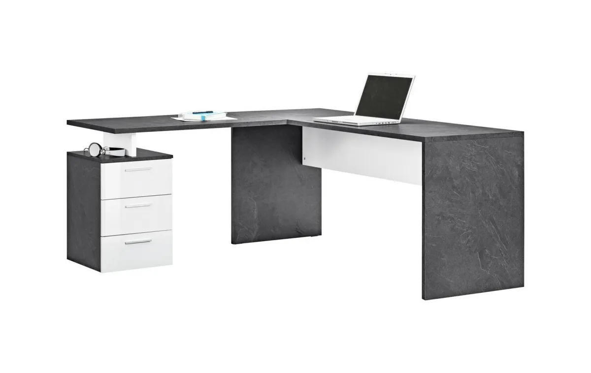 Ufficio|Camera Da Letto > Dmora Scrivania angolare ardesia e bianca lucida 180x60cm con 3 cassetti - Ascuby Bianco Lucido, Grigio Ardesia