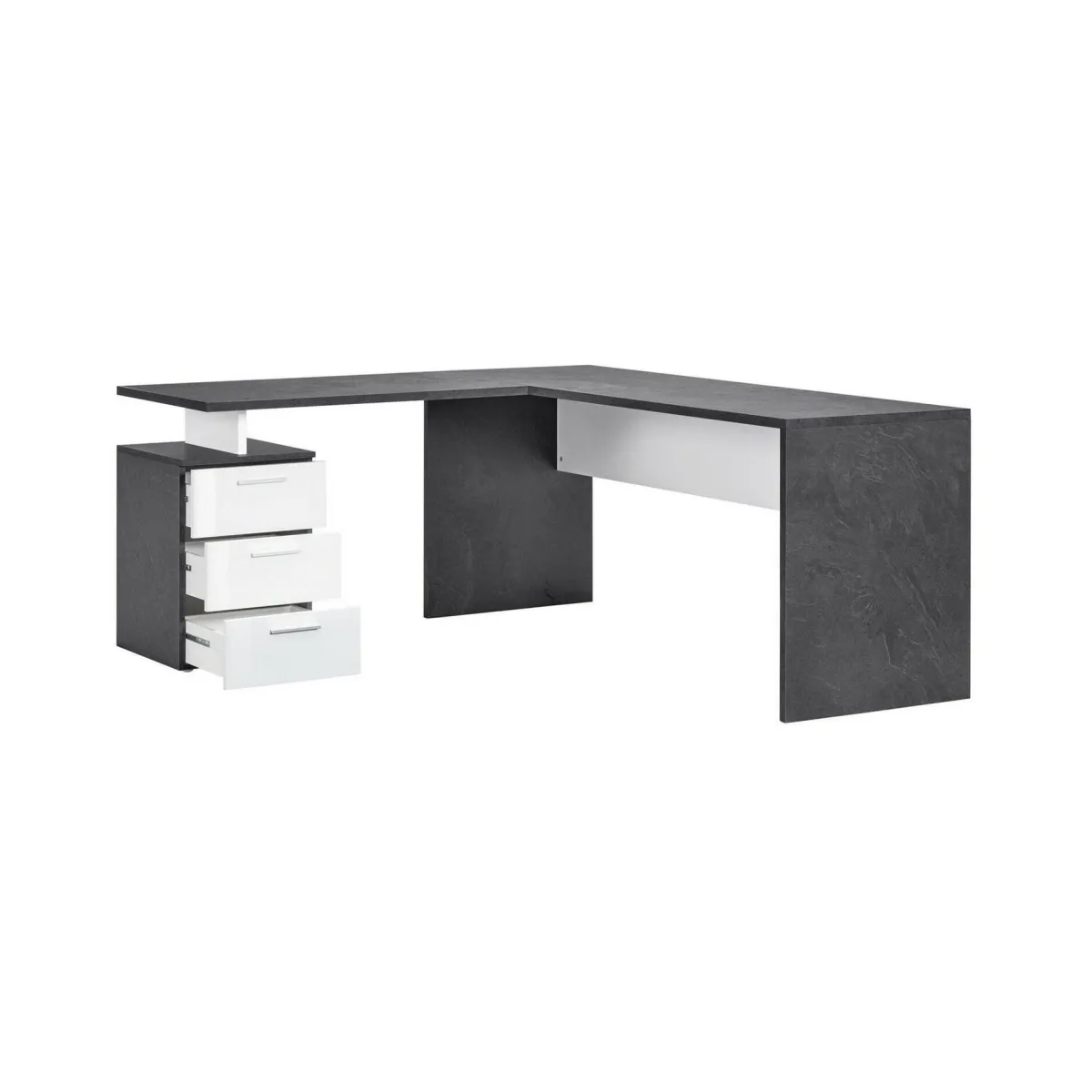 Ufficio|Camera Da Letto > Dmora Scrivania angolare ardesia e bianca lucida 180x60cm con 3 cassetti - Ascuby Bianco Lucido, Grigio Ardesia