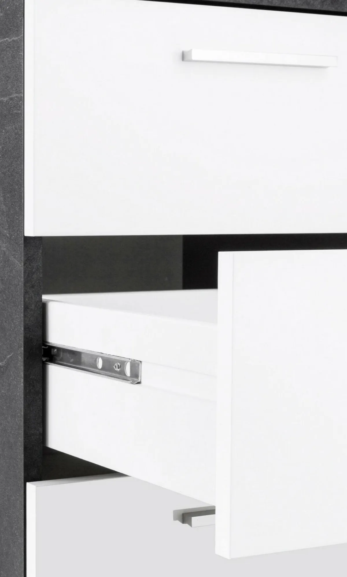 Ufficio|Camera Da Letto > Dmora Scrivania angolare ardesia e bianca lucida 180x60cm con 3 cassetti - Ascuby Bianco Lucido, Grigio Ardesia
