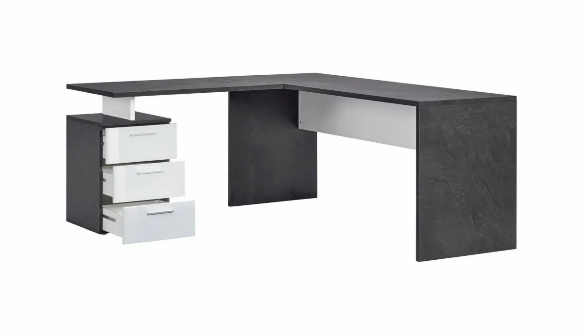 Ufficio|Camera Da Letto > Dmora Scrivania angolare ardesia e bianca lucida 180x60cm con 3 cassetti - Ascuby Bianco Lucido, Grigio Ardesia