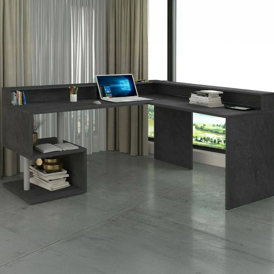 Ufficio|Camera Da Letto > Dmora Scrivania angolare ardesia 180x93cm con supporto computer - Adelma Grigio Ardesia