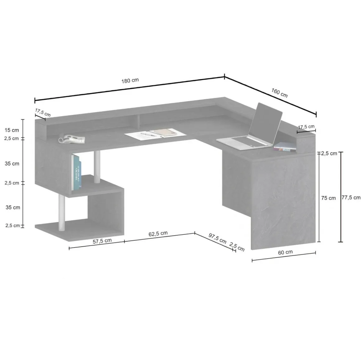 Ufficio|Camera Da Letto > Dmora Scrivania angolare ardesia 180x93cm con supporto computer - Adelma Grigio Ardesia