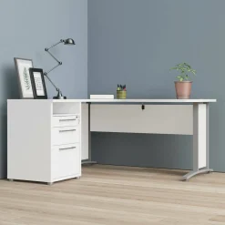 Scrivania angolare bianca e grigia 159x150cm con 3 cassetti - Alfango