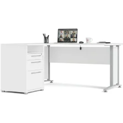 Scrivania angolare bianca e grigia 159x150cm con 3 cassetti - Alfango