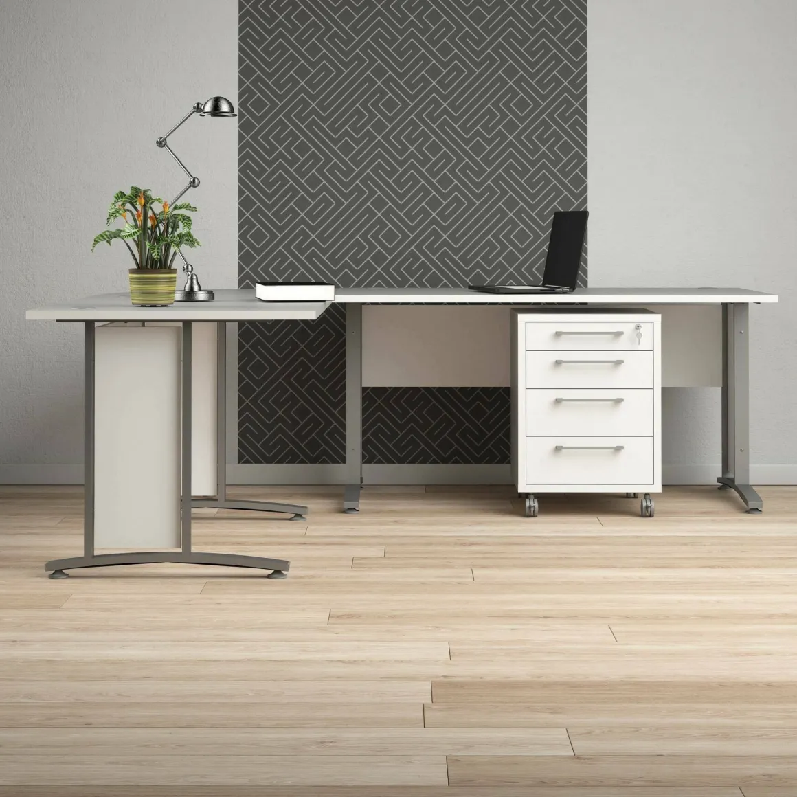 Scrivania angolare bianca e grigia 230x200cm con 4 cassetti - Agerato