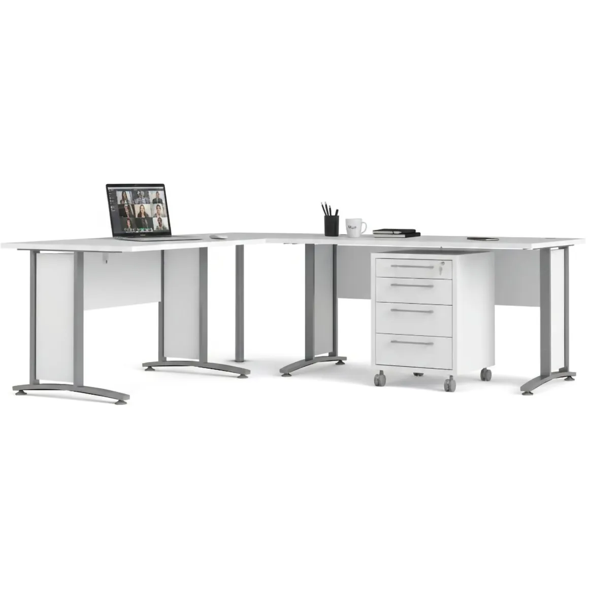 Scrivania angolare bianca e grigia 230x200cm con 4 cassetti - Agerato