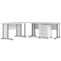 Scrivania angolare bianca e grigia 230x200cm con 4 cassetti - Agerato
