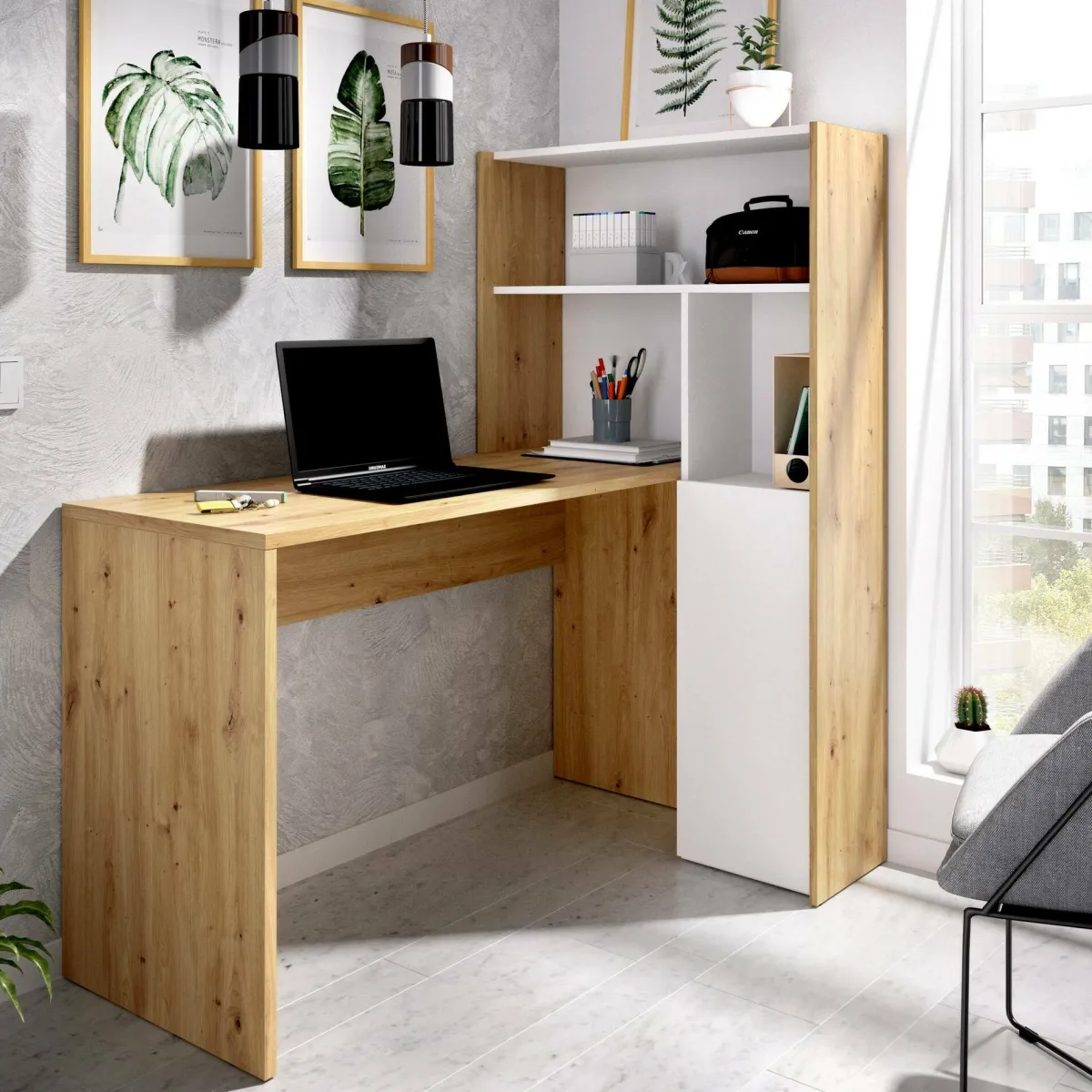 Ufficio|Camera Da Letto > Dmora Scrivania angolare bianca e rovere nodi 110x81cm con libreria - Aiden Marrone, Bianco Rovere Nodi