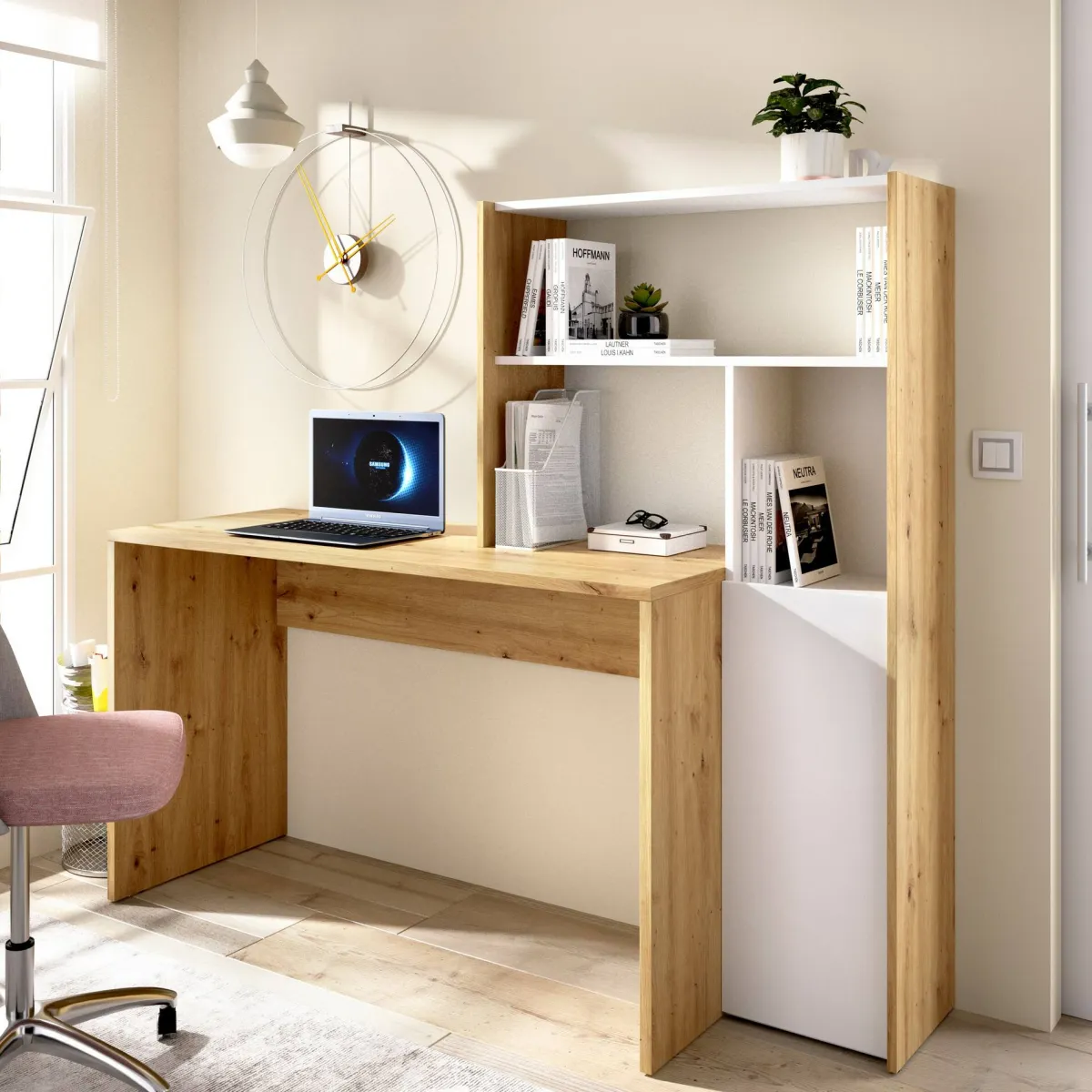 Ufficio|Camera Da Letto > Dmora Scrivania angolare bianca e rovere nodi 110x81cm con libreria - Aiden Marrone, Bianco Rovere Nodi