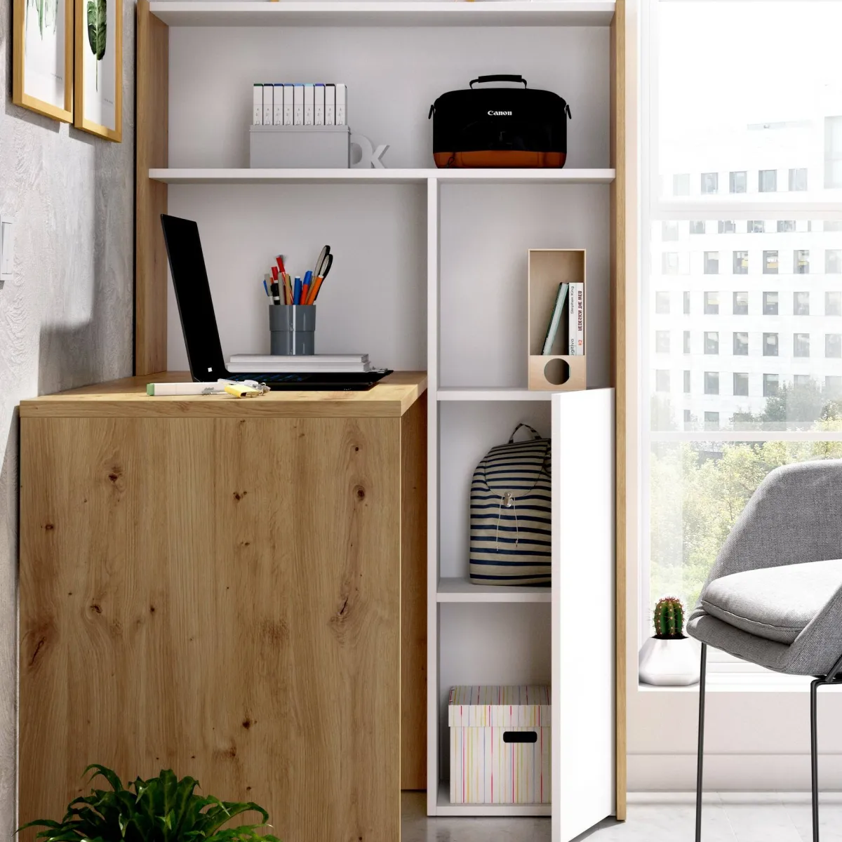 Ufficio|Camera Da Letto > Dmora Scrivania angolare bianca e rovere nodi 110x81cm con libreria - Aiden Marrone, Bianco Rovere Nodi