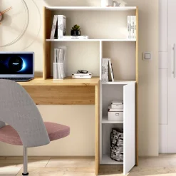 Ufficio|Camera Da Letto > Dmora Scrivania angolare bianca e rovere nodi 110x81cm con libreria - Aiden Marrone, Bianco Rovere Nodi