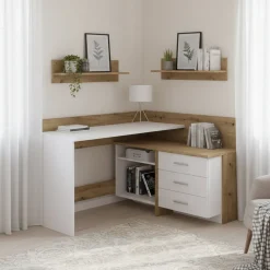 Scrivania angolare bianca e rovere nodi 130x111cm con 3 cassetti - Elsa