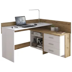 Scrivania angolare bianca e rovere nodi 130x111cm con 3 cassetti - Elsa