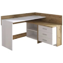 Scrivania angolare bianca e rovere nodi 130x111cm con 3 cassetti - Elsa