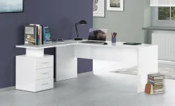 Ufficio|Camera Da Letto > Dmora Scrivania angolare bianca lucida e legno 139x92cm con 1 cassetto - Andor Marrone Rovere, Bianco Lucido