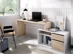 Ufficio|Camera Da Letto > Dmora Scrivania angolare bianca lucida e legno 139x92cm con 1 cassetto - Andor Marrone Rovere, Bianco Lucido