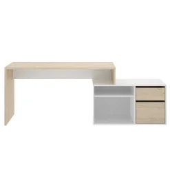 Ufficio|Camera Da Letto > Dmora Scrivania angolare bianca lucida e legno 139x92cm con 1 cassetto - Andor Marrone Rovere, Bianco Lucido
