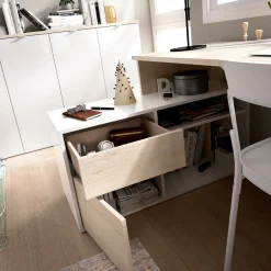 Ufficio|Camera Da Letto > Dmora Scrivania angolare bianca lucida e legno 139x92cm con 1 cassetto - Andor Marrone Rovere, Bianco Lucido