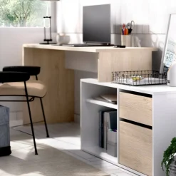 Ufficio|Camera Da Letto > Dmora Scrivania angolare bianca lucida e legno 139x92cm con 1 cassetto - Andor Marrone Rovere, Bianco Lucido