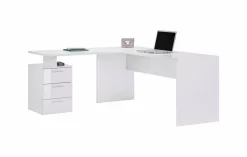 Ufficio|Camera Da Letto > Dmora Scrivania angolare bianca lucida e legno 139x92cm con 1 cassetto - Andor Marrone Rovere, Bianco Lucido