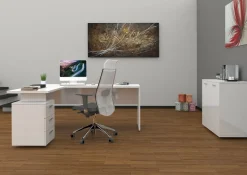 Ufficio|Camera Da Letto > Dmora Scrivania angolare bianca lucida e legno 139x92cm con 1 cassetto - Andor Marrone Rovere, Bianco Lucido