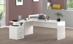 Ufficio|Camera Da Letto > Dmora Scrivania angolare bianca lucida e legno 139x92cm con 1 cassetto - Andor Marrone Rovere, Bianco Lucido