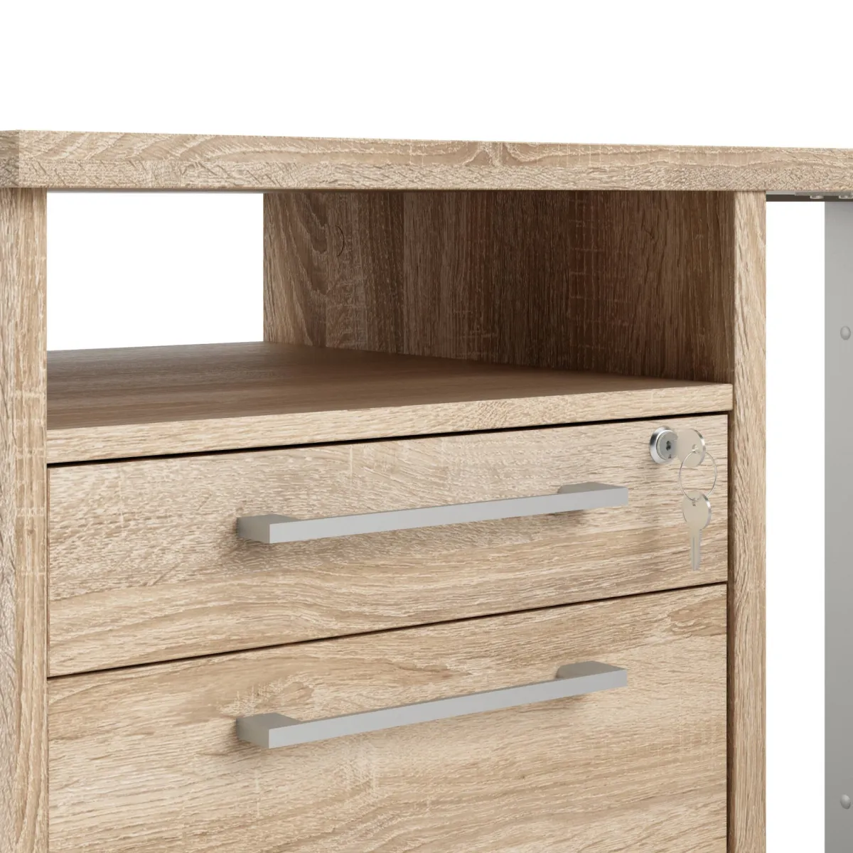 Scrivanie > Dmora Scrivania angolare grigia e quercia 159x150cm con 3 cassetti - Alfango Marrone, Grigio Quercia