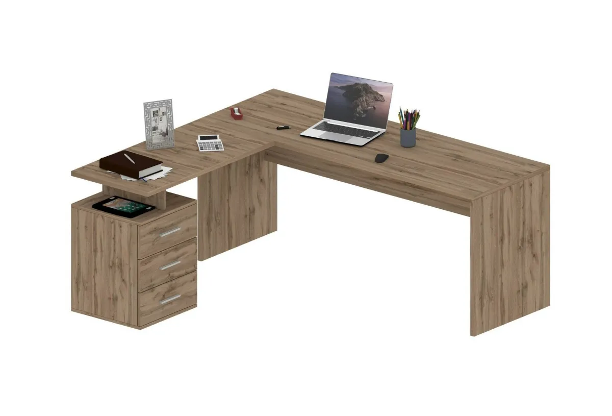 Ufficio|Camera Da Letto > Dmora Scrivania angolare rovere 180x60cm con 3 cassetti - Ascuby Marrone Rovere