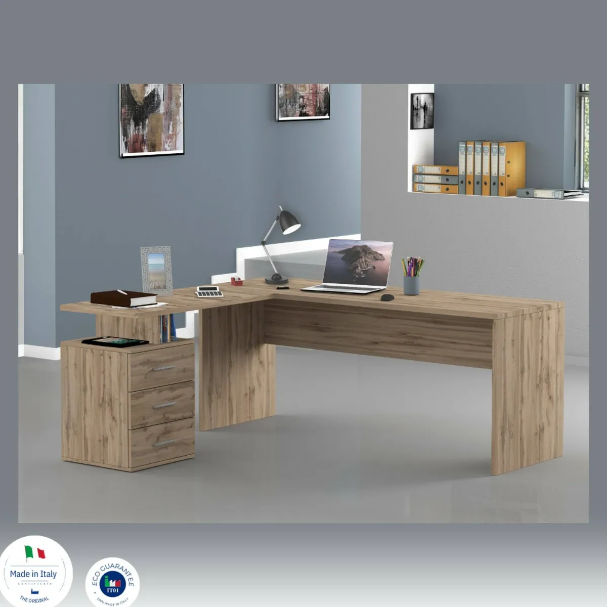 Ufficio|Camera Da Letto > Dmora Scrivania angolare rovere 180x60cm con 3 cassetti - Ascuby Marrone Rovere