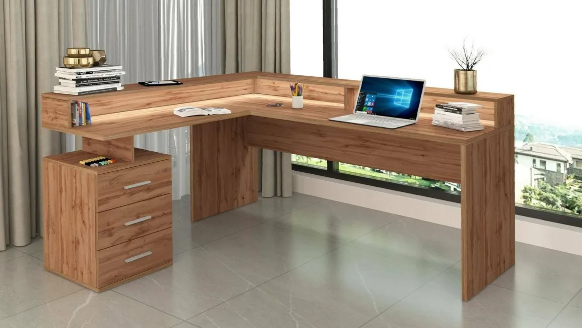 Scrivania angolare rovere 180x90cm con 3 cassetti - Leonilda