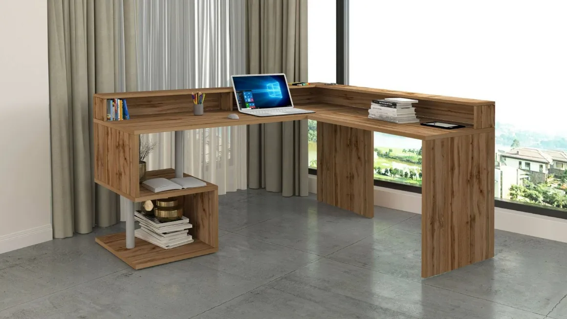 Scrivania angolare rovere 180x93cm con supporto computer - Adelma