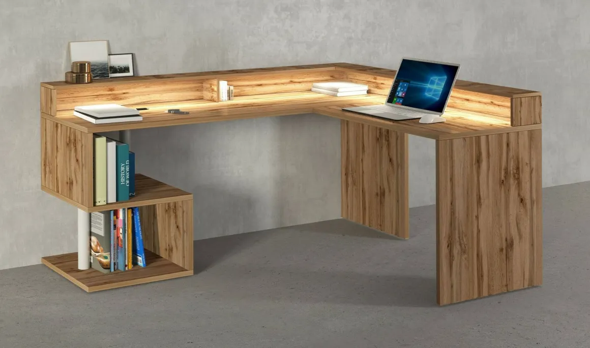 Scrivania angolare rovere 180x93cm con supporto computer - Adelma
