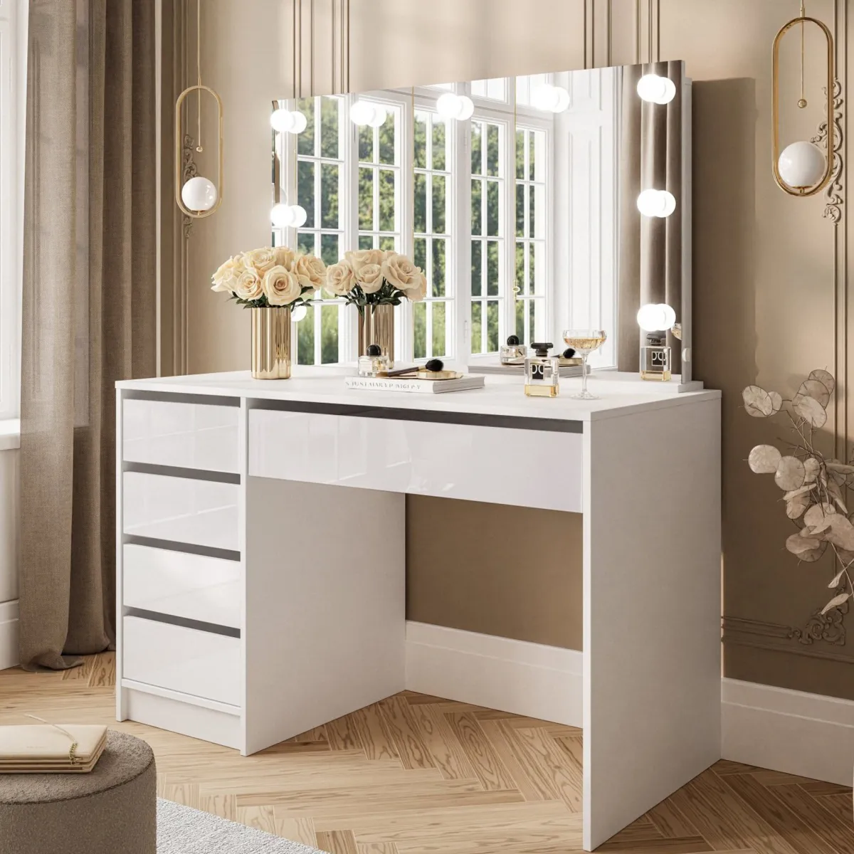 Scrivanie > Dmora Scrivania Bianco 4 Cassetti Modulabile 120x55x143h cm, Fori Passacavi - Lusiana Bianco Lucido