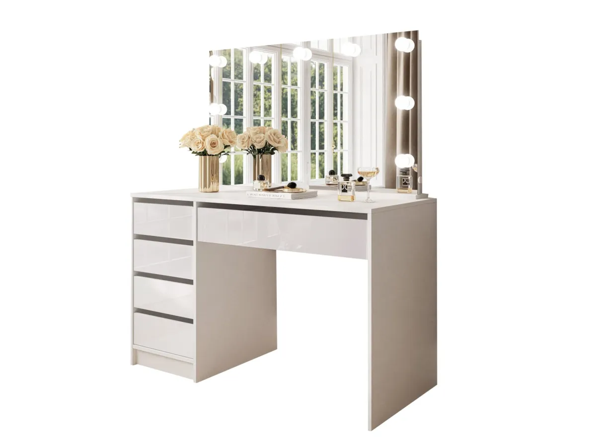 Scrivanie > Dmora Scrivania Bianco 4 Cassetti Modulabile 120x55x143h cm, Fori Passacavi - Lusiana Bianco Lucido