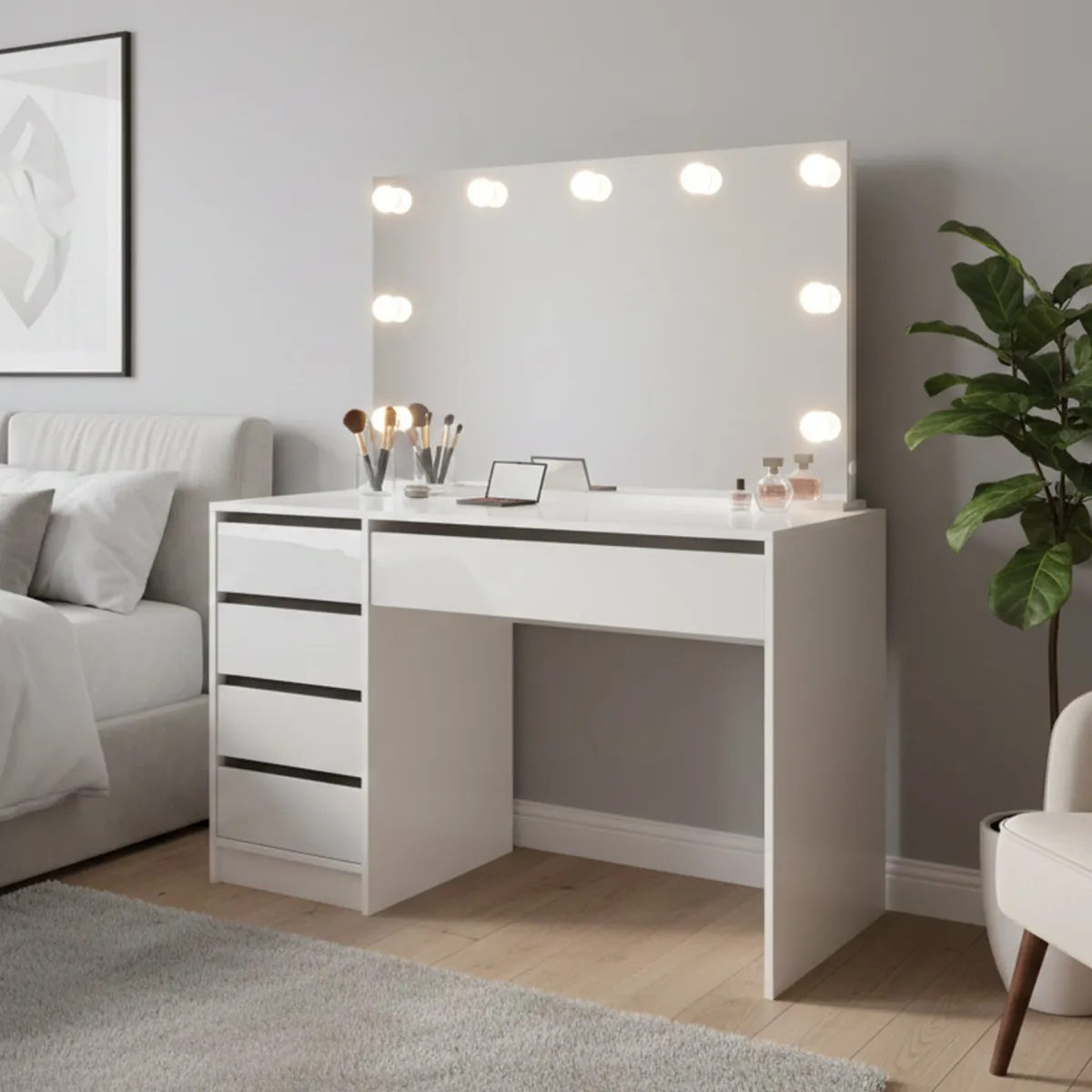 Scrivanie > Dmora Scrivania Bianco 4 Cassetti Modulabile 120x55x143h cm, Fori Passacavi - Lusiana Bianco Lucido