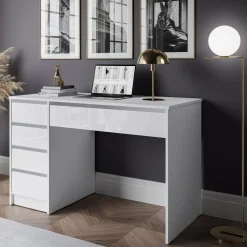 Scrivania Bianco Bianco Lucido 4 Cassetti Modulabile 120x55x143h cm, Fori Passacavi - Massico