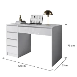 Scrivania Bianco Bianco Lucido 4 Cassetti Modulabile 120x55x143h cm, Fori Passacavi - Massico