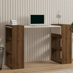Scrivania Bianco Marrone Noce 5 Ripiani 6 Vani 124x44x75h cm, con Libreria - Furore