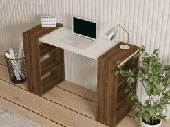 Scrivania Bianco Marrone Noce 5 Ripiani 6 Vani 124x44x75h cm, con Libreria - Furore