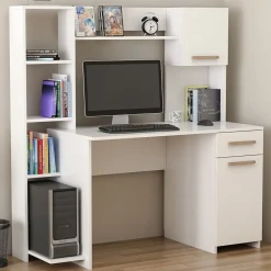Scrivanie > Dmora Scrivania Bianco Marrone Rovere 7 Ripiani Un'anta 71x60x74h cm, 7 Vani - Jato Marrone, Bianco Rovere