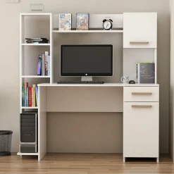 Scrivania Bianco Marrone Rovere 6 Ripiani un Cassetto 120x60x77h cm, 2 Ante - Marrucina